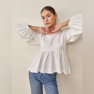 REFORMATION Rumi Long Sleeve Linen Babydoll Blouse In White